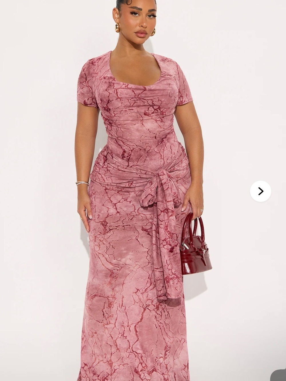 Fashion Nova Pink Marble Ruched Tie-Front Maxi Dress